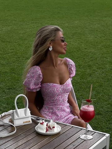 Romantic A Line Off the Shoulder Pink Print Floral Satin Vacation Dress Outfits with Slit HZ1023